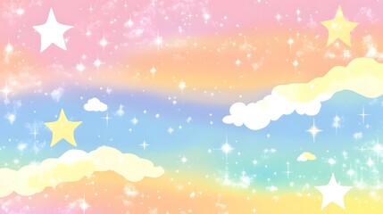 Wall Mural - Pastel rainbow sky with stars and clouds dreamy and whimsical illustration.