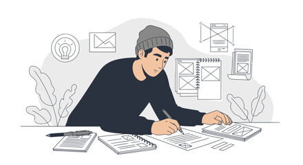 Creative Designer Sketching Website Interface Wireframes On Paper Concept Illustration