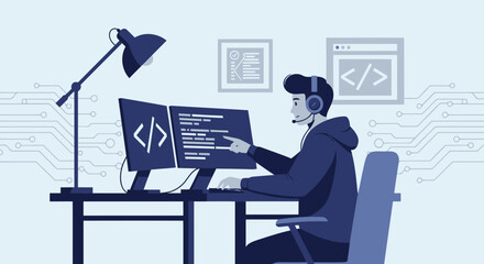 Dedicated Software Developer Immersed In Intensive Coding On Dual Monitor Setup