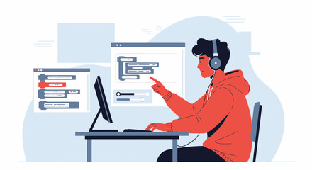 Developer Working On Code At The Computer With Headphones On For Focus