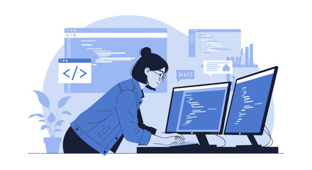 Female Programmer Working Coding on Multiple Screens Modern Workplace