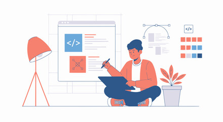 Man Designing Website Layout Interface And Graphic Elements For Digital Project