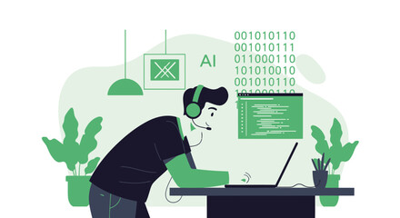 Modern Illustration Of A Programmer Coding And Developing Artificial Intelligence