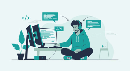 Modern Developer At Home Coding And Solving Problems Remotely With His Multi Monitor Setup