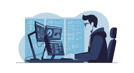 Modern Programmer Working On Code With Multiple Screens Concept Design