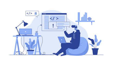 Remote Developer Working On Computer Illustration In A Modern Minimalist Design