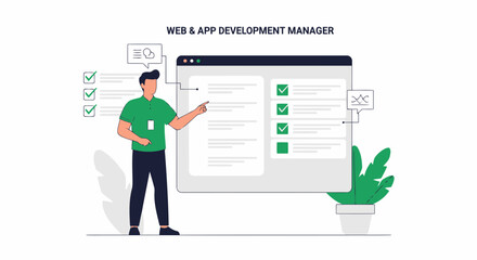 Web Application Developer Managing Project Task On Monitor Modern Illustration