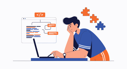 Young Developer Working On Laptop With Puzzle Icons Solving Software Problems