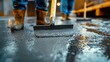 © Sardar - Workers using trowels concrete surface, detailed close-up smoothing process, freshly poured cement floor, precision finishing, foundation slab in structural development