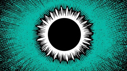 Wall Mural - Stylized image of a solar eclipse with radiating light against a teal background.