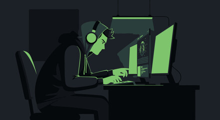 concentrated programmer working late coding with dual monitors at his desk