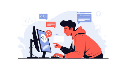 Concentrated Young Man Working With Code At His Computer Illustration