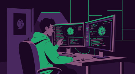 Digital Security Professional Working With Data in a Home Office Late at Night