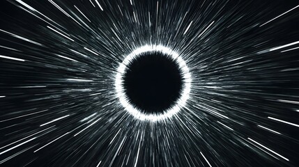 Wall Mural - Abstract black hole illustration with bright streaks radiating outwards in space.