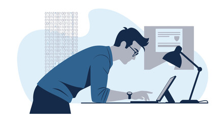 Focused Developer Working On Code At Desk With Binary Representation
