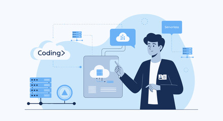 Man Presenting Cloud Computing Solutions With Serverless Architecture Technology Concept