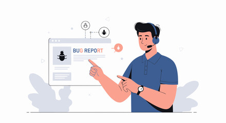 Software Developer Reporting Problems With Bug Illustration For Troubleshooting