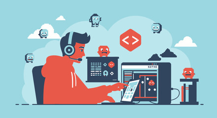 Young Developer Creating Video Game With Characters On The Computer Display In Colorful Design