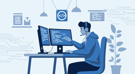Young Programmer Working On Computer With Headphones In Modern Workspace