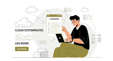 Young Man Monitoring Cloud System Updates and Working with Laptop for Business Process
