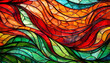 © Evander - abstract stained glass composition with flowing wave patterns in vibrant red orange and green hues perfect for artistic background use