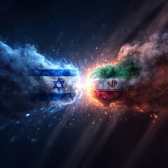 Wall Mural - Israel and Iran flags shown as swirling smoke with bold emblems. A fiery explosion bursts between them. Dark diagonal lines in background add motion. Vibrant colors highlight .