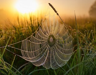 spiderweb with dew drops on grass at sunrise a delicate macro view of nature s intricate design