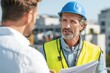 © reno - Two men, one in a safety vest and helmet, discuss blueprints outdoors on a construction site.  One appears to be a foreman or supervisor explaining something to a colleague
