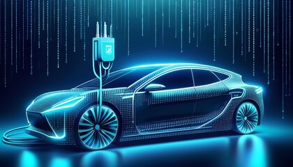 futuristic ev car electric plug battery charger abstract binary code background alternative energy concept illustration