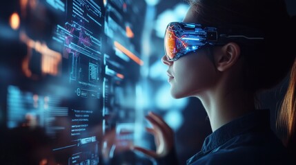 Woman using futuristic vr glasses