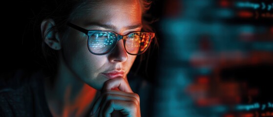woman programmer thoughtful coding technology innovation data night computer screen