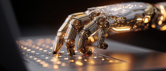 Robotic hand typing on laptop keyboard futuristic technology concept