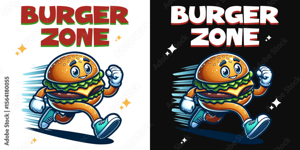 Running Burger Mascot: A cartoon burger, personified with a lively face ...