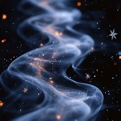 Wall Mural - ethereal abstract art showing swirling smoke with sparkling particles and snowflakes against a dark 