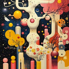 Wall Mural - a whimsical abstract artwork featuring colorful spheres, trees, and decorative elements against a st
