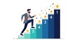 © mikael - Man in suit climbing steps towards success with stars and confetti illustration style design