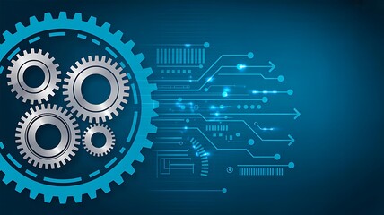 Gear system with electronic circuit board on blue digital background

