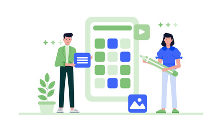 Two people creating mobile app interfaces. Suitable for technology articles, app development blog posts, digital design concepts, and tech presentations.