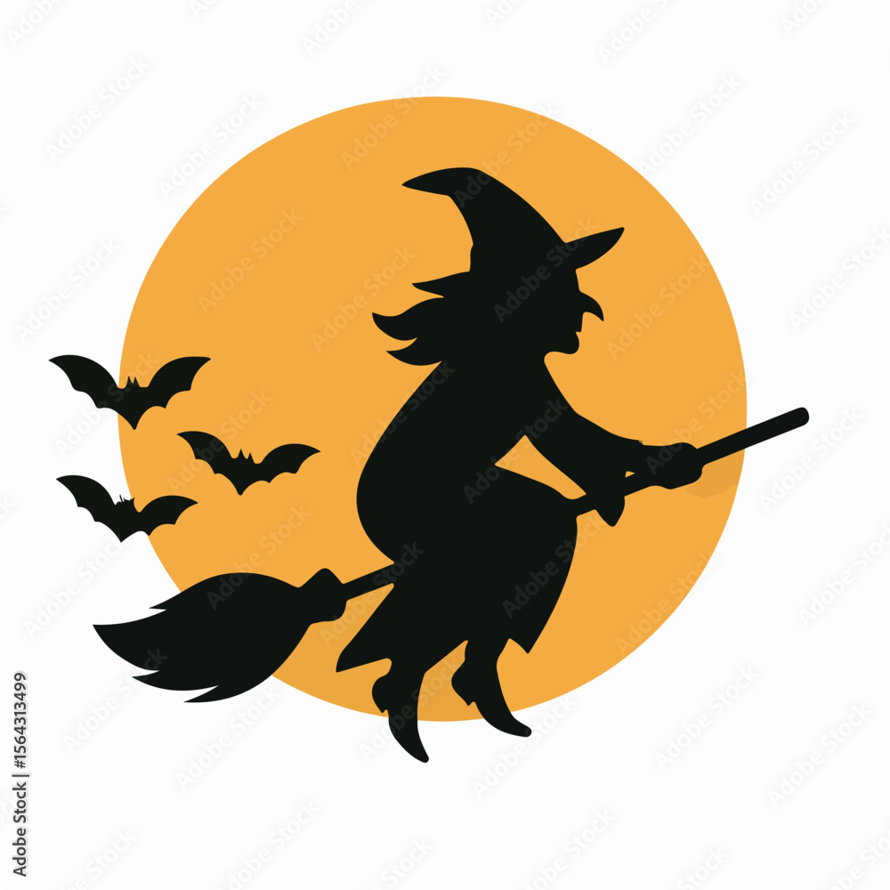 witch flying on broom silhouette halloween moon bats Stock Vector ...