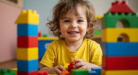 A joyful little toddler with a bright smile builds a tall tower from colorful interlocking blocks, representing early childhood education and creative development.
