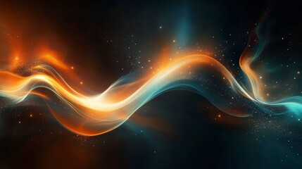 Wall Mural - abstract glowing orange and teal wave with sparkles on dark background.