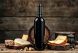 © Boonyapawn - Gnarled oak barrel, aged red wine bottle, selection of cheeses,  still life,  platter