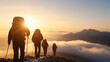 © venusvi - Hikers journeying through mountains at sunrise, surrounded by clouds and stunning landscapes, embodying adventure and exploration.
