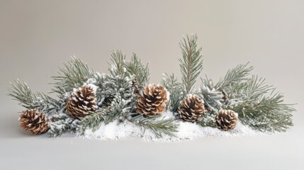 Wall Mural - snow-covered pine branches and pine cones on a neutral background.