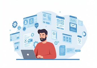 Man working on laptop surrounded by floating application windows, vector