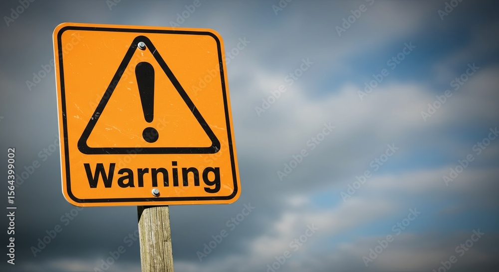 Warning Dramatic Warning road sign with dramatic sky background, orange with black ...