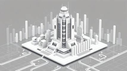 A stylized, top-down view of a futuristic city, with buildings and data visualizations on a digital platform.