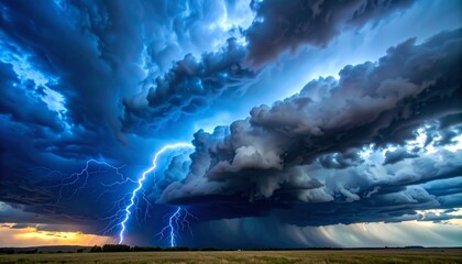 Wall Mural - dramatic lightning illuminates the stormy sea under a dark, cloud-filled sky