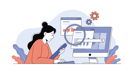 Illustrative representation of a person analyzing data on a computer screen using a magnifying glass for detailed examination and review