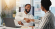 © peopleimages.com - Collaboration, handshake and welcome with business black people in office for agreement or success. Partnership, thank you and smile with employee team shaking hands at work for bonus or promotion